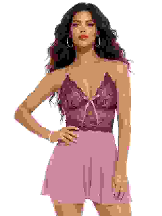 Escante Plum Lace and Mesh Babydoll Set , Purple, hi-res